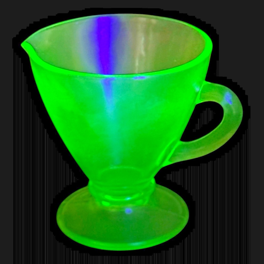 Hazel Atlas Ovide Green Uranium Glass Footed Creamer Depression 1930s Glows VTG